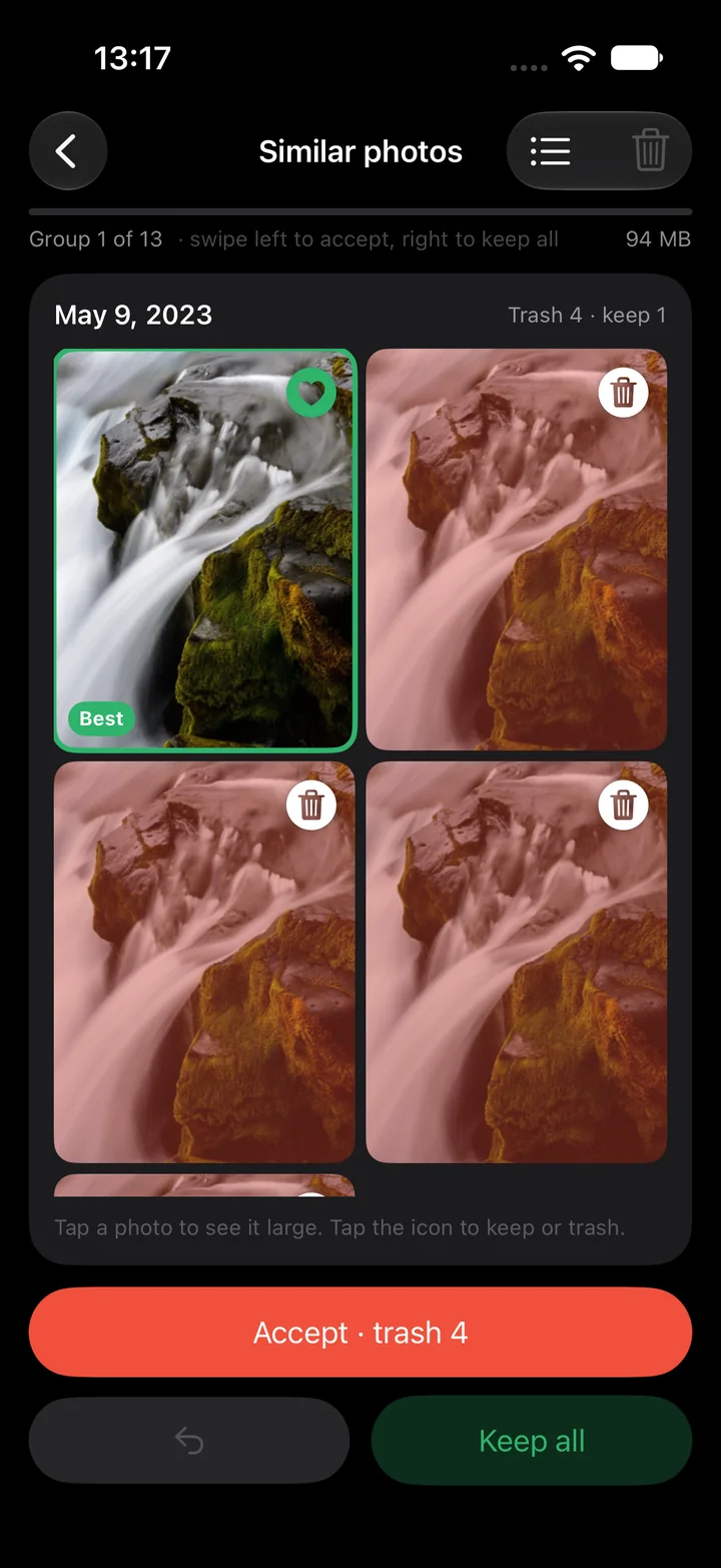 Similar photos: Sveep picks the best one, you approve the rest with one tap.
