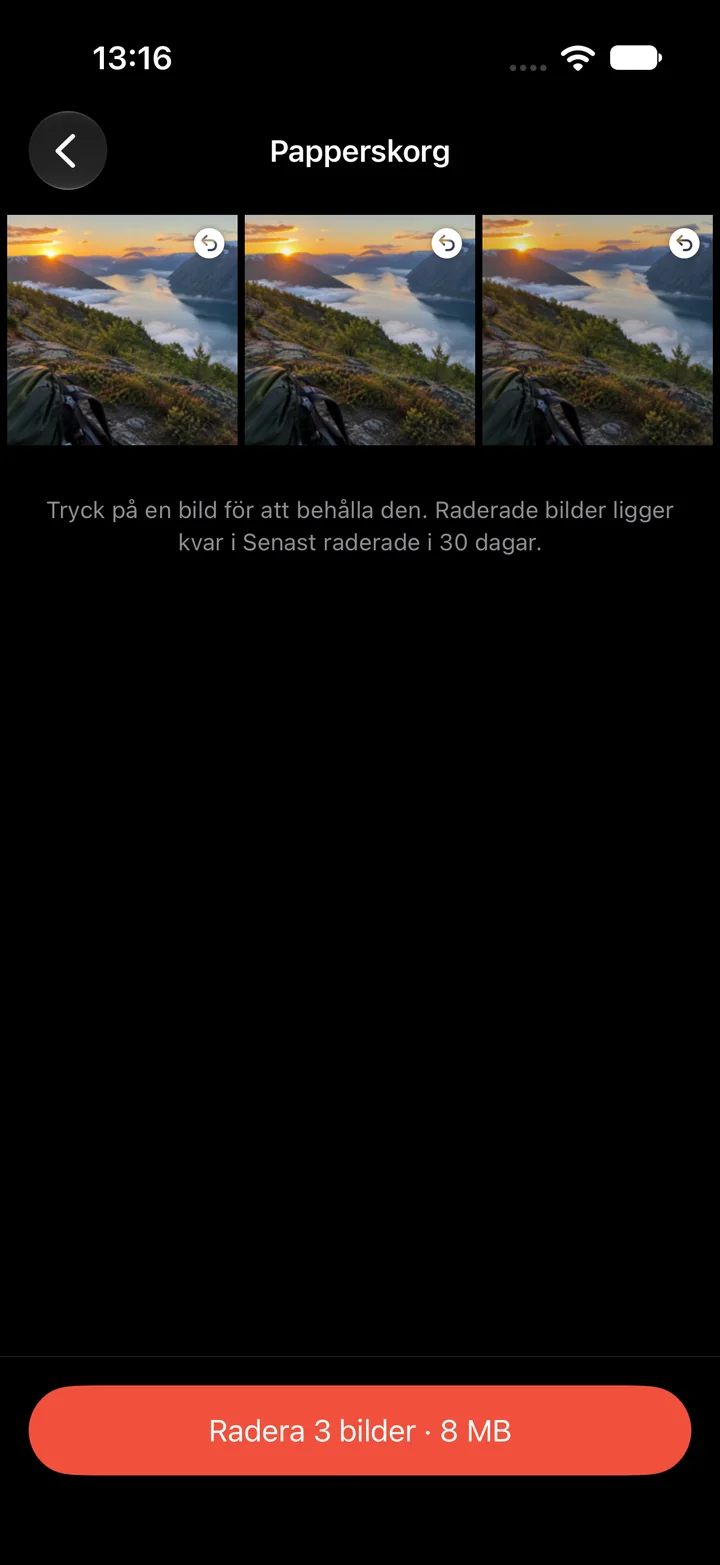 Papperskorgen innan något raderas. Tryck för att behålla.
